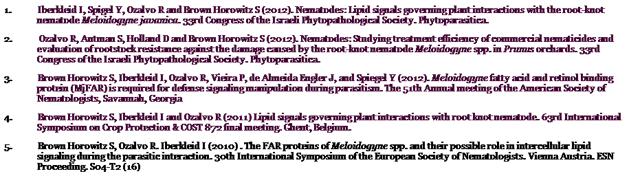 Text Box: 1. Iberkleid I, Spigel Y, Ozalvo R and Brown Horowitz S (2012). Nematodes: Lipid signals governing plant interactions with the root-knot nematode Meloidogyne javanica. 33rd Congress of the Israeli Phytopathological Society. Phytoparasitica.
2. Ozalvo R, Antman S, Holland D and Brown Horowitz S (2012). Nematodes: Studying treatment efficiency of commercial nematicides and evaluation of rootstock resistance against the damage caused by the root-knot nematode Meloidogyne spp. in Prunus orchards. 33rd Congress of the Israeli Phytopathological Society. Phytoparasitica.
3. Brown Horowitz S, Iberkleid I, Ozalvo R, Vieira P, de Almeida Engler J, and Spiegel Y (2012). Meloidogyne fatty acid and retinol binding protein (MjFAR) is required for defense signaling manipulation during parasitism. The 51th Annual meeting of the American Society of Nematologists, Savannah, Georgia
4. Brown Horowitz S, Iberkleid I and Ozalvo R (2011) Lipid signals governing plant interactions with root knot nematode. 63rd International Symposium on Crop Protection & COST 872 final meeting. Ghent, Belgium.
5. Brown Horowitz S, Ozalvo R. Iberkleid I (2010) . The FAR proteins of Meloidogyne spp. and their possible role in intercellular lipid signaling during the parasitic interaction. 30th International Symposium of the European Society of Nematologists. Vienna Austria. ESN Proceeding. S04-T2 (16)
